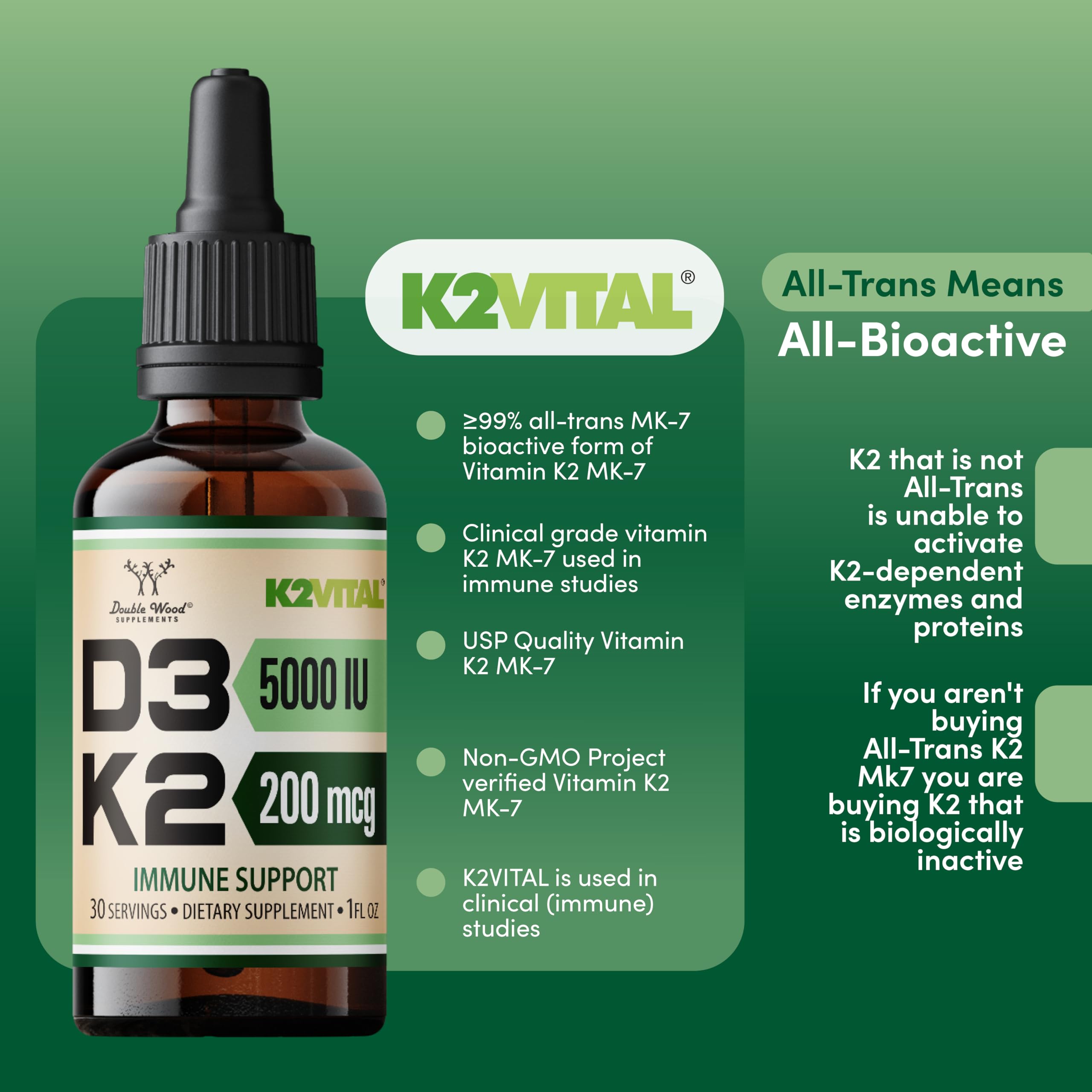 Double Wood Supplements bottle of vitamin D3 5000 IU with K2 drops K2VITAL immune support label Double Wood Supplements bottle of vitamin D3 5000 IU with K2 drops K2VITAL immune support label