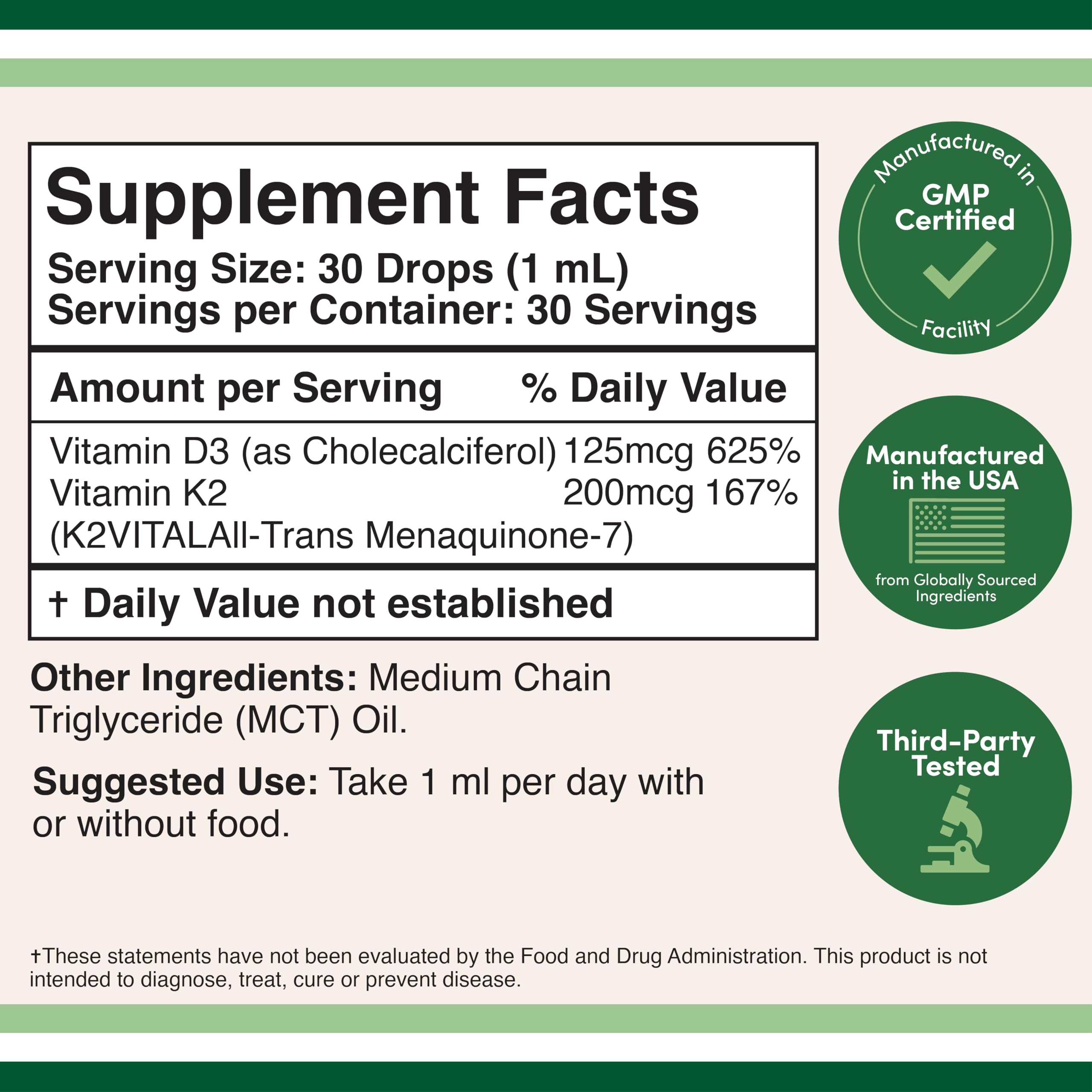 Double Wood Supplements supplement facts label for vitamin D3 5000 IU with K2 drops showing 30 servings and MCT oil Double Wood Supplements supplement facts label for vitamin D3 5000 IU with K2 drops showing 30 servings and MCT oil