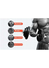 Muscular man lifting dumbbell set with connecting rod highlighting pectoralis biceps back and abdominal muscles Muscular man lifting dumbbell set with connecting rod highlighting pectoralis biceps back and abdominal muscles