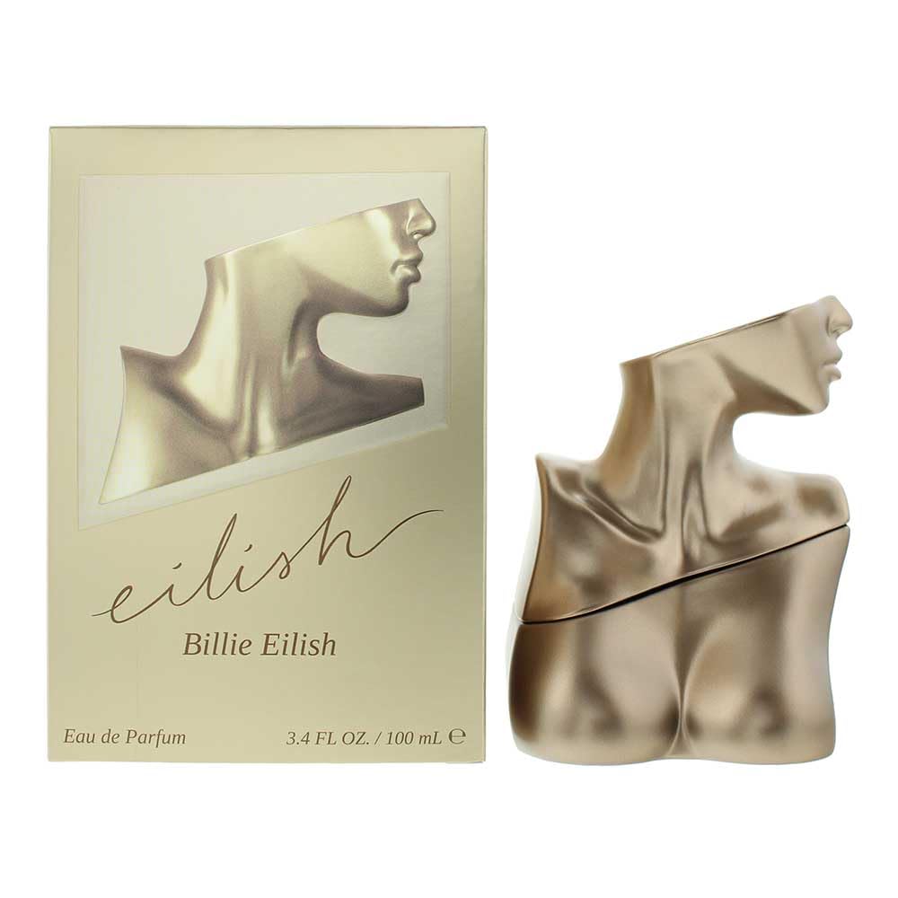 Billie Eilish Store Eilish Eau de Parfum for women with unique sculpted gold bottle and matching box Billie Eilish Store Eilish Eau de Parfum for women with unique sculpted gold bottle and matching box