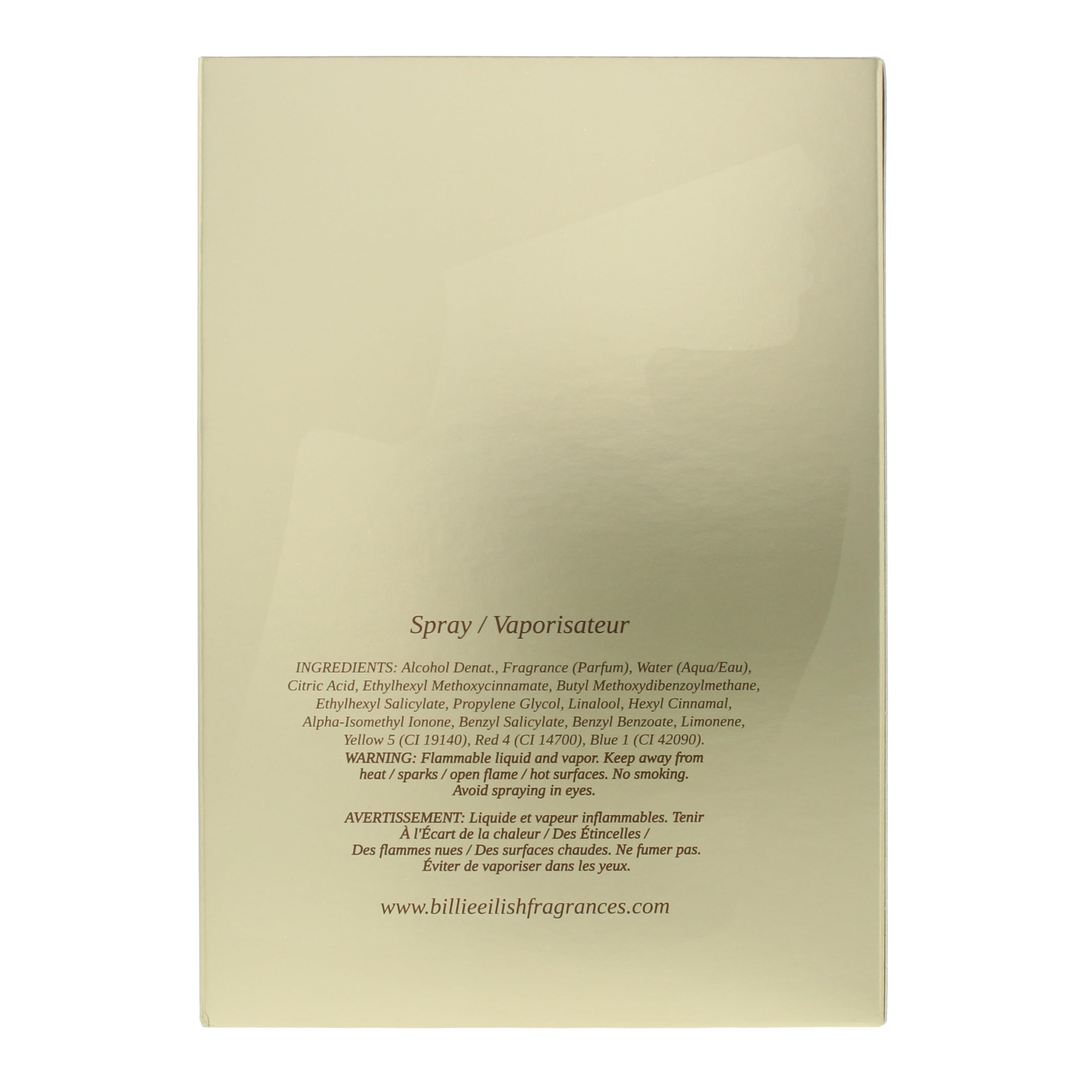 Gold box packaging for Eilish Eau de Parfum for women by Billie Eilish Store with spray instructions Gold box packaging for Eilish Eau de Parfum for women by Billie Eilish Store with spray instructions