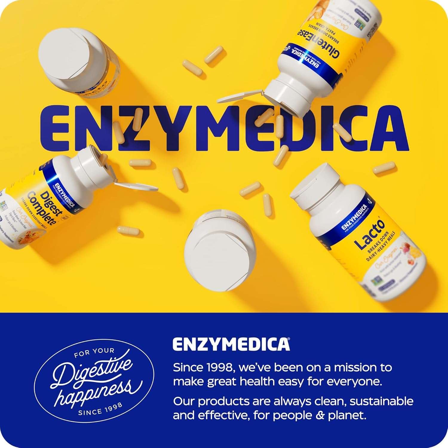 Enzymedica supplement bottles and capsules on yellow background showing Lacto digestive enzymes with probiotics UAE Enzymedica supplement bottles and capsules on yellow background showing Lacto digestive enzymes with probiotics UAE