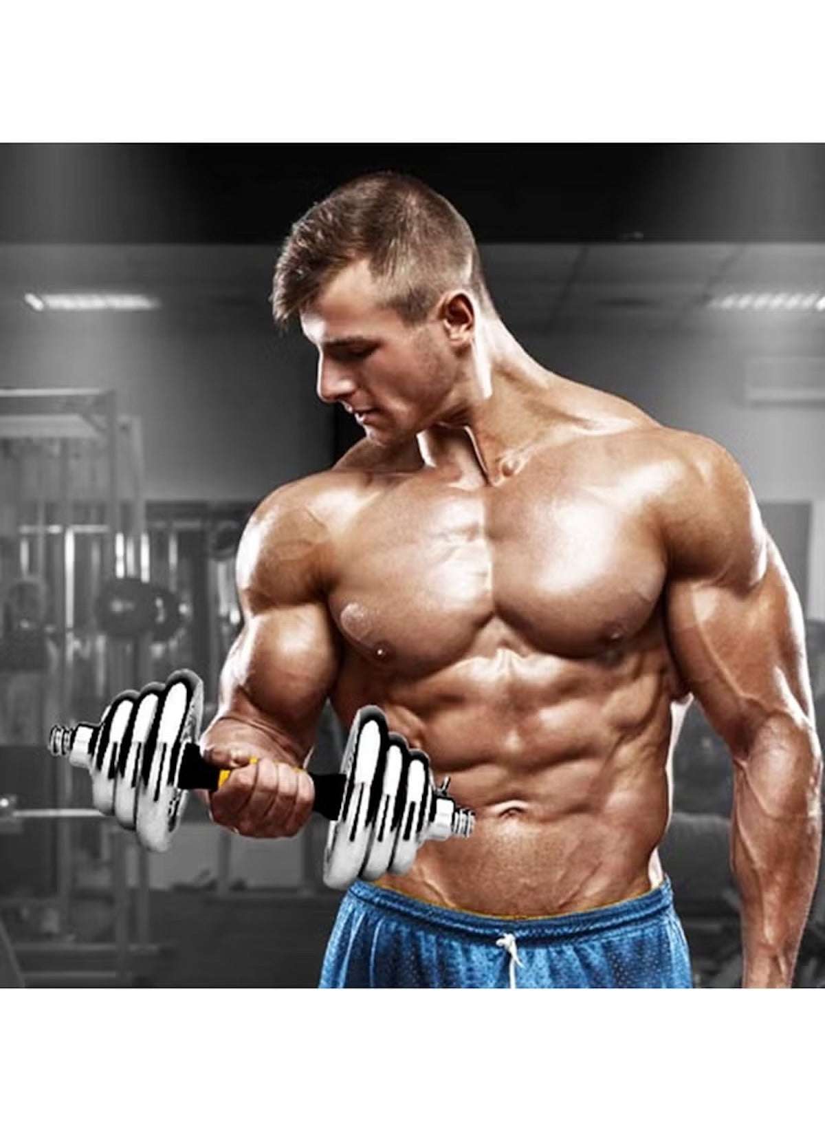 Muscular man lifting 2-in-1 dumbbell barbell set for beginners in gym fitness workout Muscular man lifting 2-in-1 dumbbell barbell set for beginners in gym fitness workout