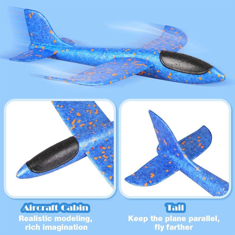 Blue foam airplane toy with LED lights showing detailed aircraft cabin and tail design for stable flight Blue foam airplane toy with LED lights showing detailed aircraft cabin and tail design for stable flight