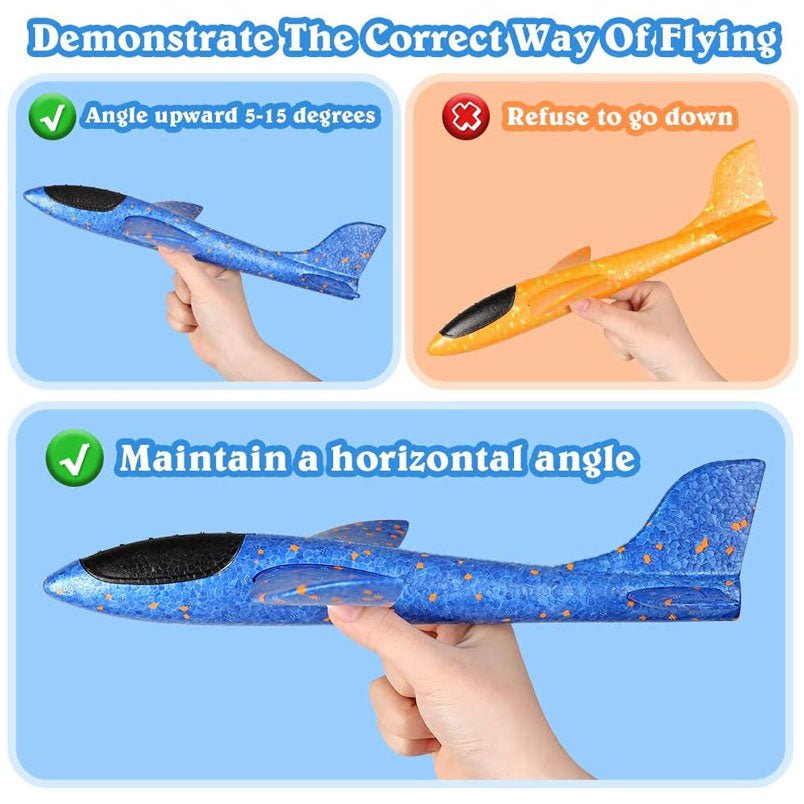 Huitich foam airplane toy with LED lights demonstrating the correct flying angles held in hand Huitich foam airplane toy with LED lights demonstrating the correct flying angles held in hand
