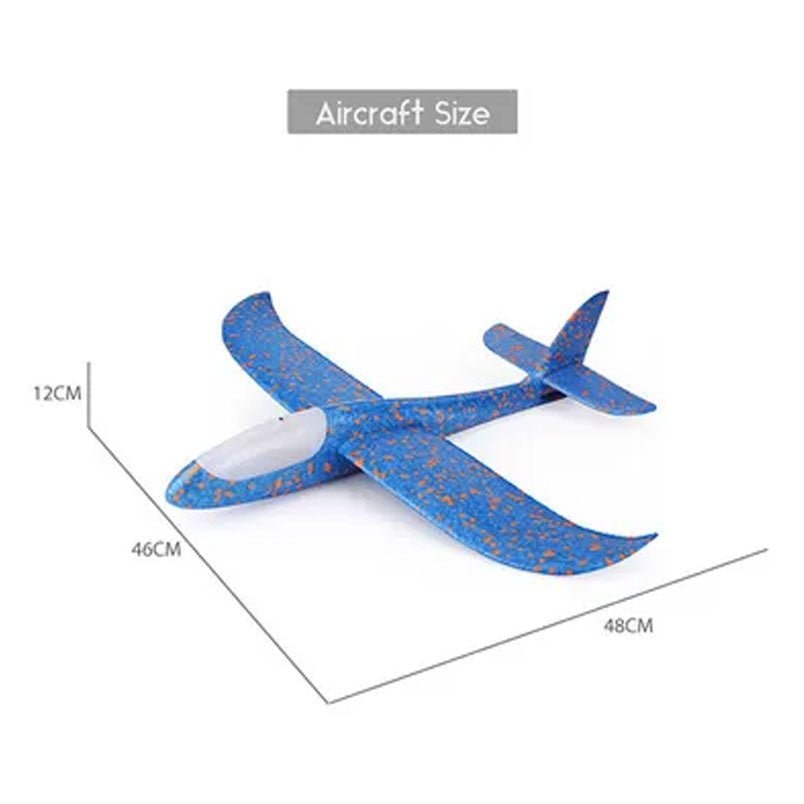 Blue foam airplane toy with LED lights measuring 48cm wingspan and 12cm height Blue foam airplane toy with LED lights measuring 48cm wingspan and 12cm height