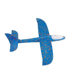 Blue foam airplane toy with LED lights featuring orange speckles and sleek white nose Blue foam airplane toy with LED lights featuring orange speckles and sleek white nose