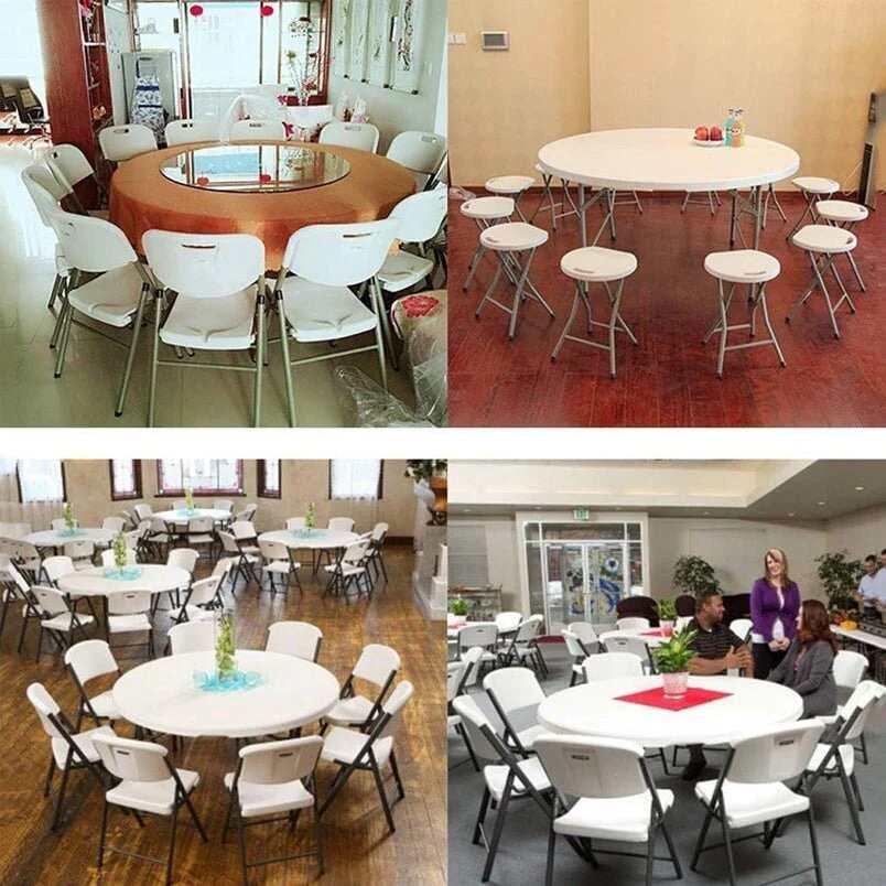 Huitich foldable study table for home camping table with round white surface and white folding chairs Huitich foldable study table for home camping table with round white surface and white folding chairs