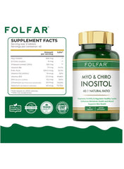 Folfar Myo and D-Chiro Inositol 40:1 supplement bottle with nutritional information and benefits listed Folfar Myo and D-Chiro Inositol 40:1 supplement bottle with nutritional information and benefits listed