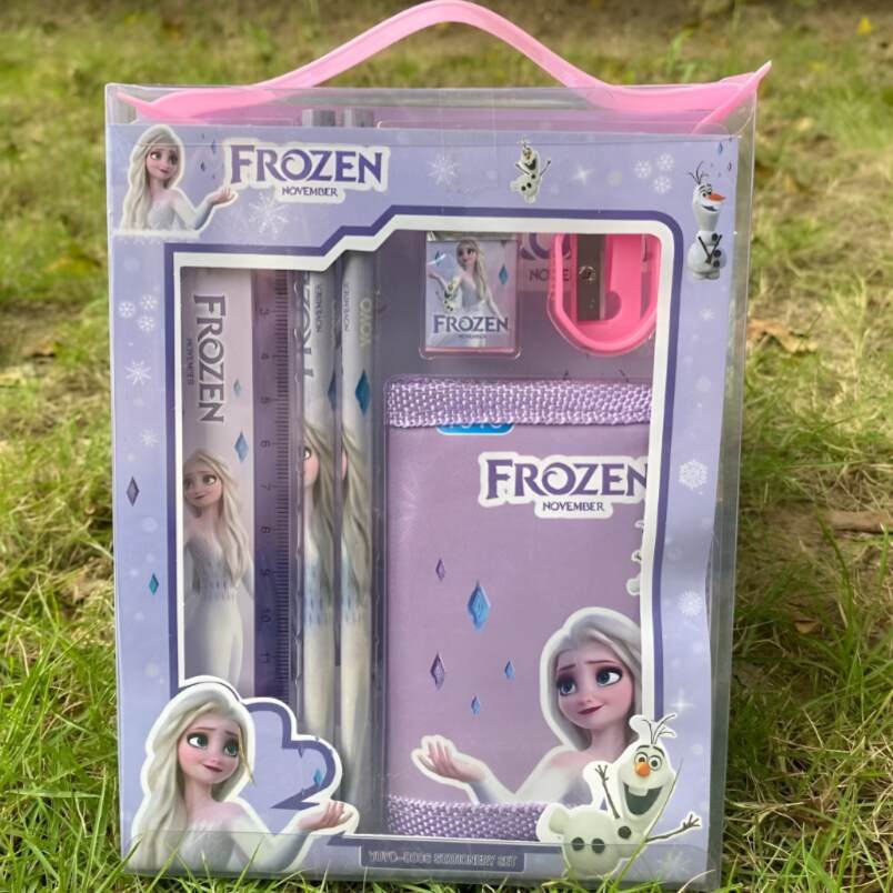 Huitich Frozen stationery kit for kids featuring ruler, pencils, sharpener, and purple notebook with character designs Huitich Frozen stationery kit for kids featuring ruler, pencils, sharpener, and purple notebook with character designs