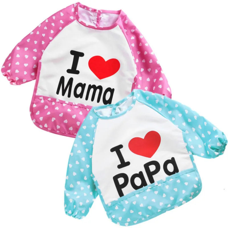 Huitich full sleeve baby feeding bibs in pink and blue with I love Mama and I love Papa prints Huitich full sleeve baby feeding bibs in pink and blue with I love Mama and I love Papa prints