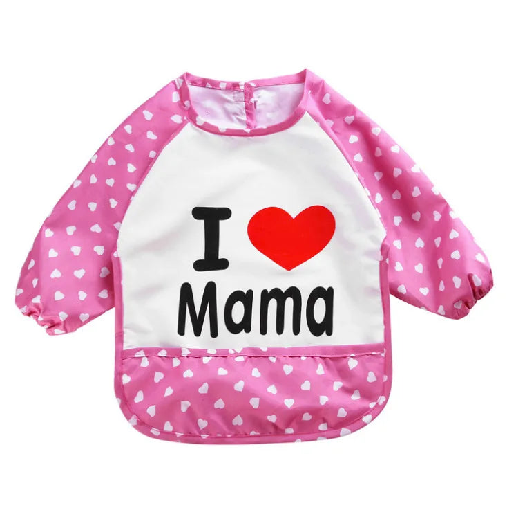 Huitich pink and white full sleeve baby feeding bib with heart and I love Mama text Huitich pink and white full sleeve baby feeding bib with heart and I love Mama text