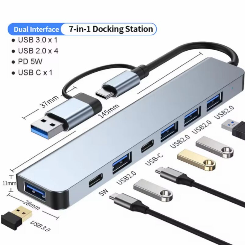Huitich dual interface USB hub for laptop 7-in-1 docking station with USB 3.0 and USB-C ports Huitich dual interface USB hub for laptop 7-in-1 docking station with USB 3.0 and USB-C ports
