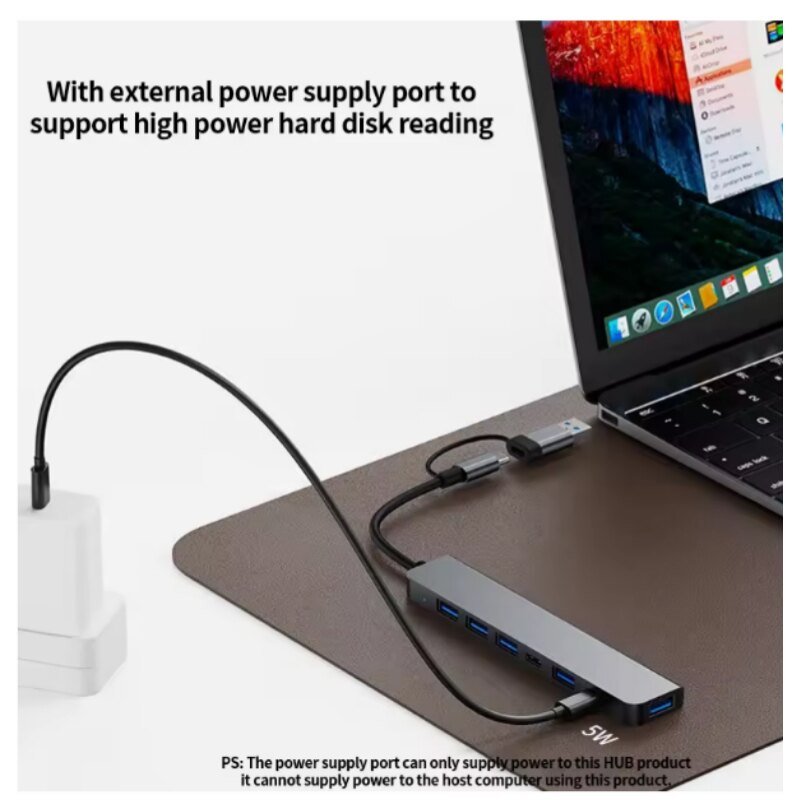 Huitich dual interface USB hub for laptop with external power supply port connected to laptop and power adapter Huitich dual interface USB hub for laptop with external power supply port connected to laptop and power adapter