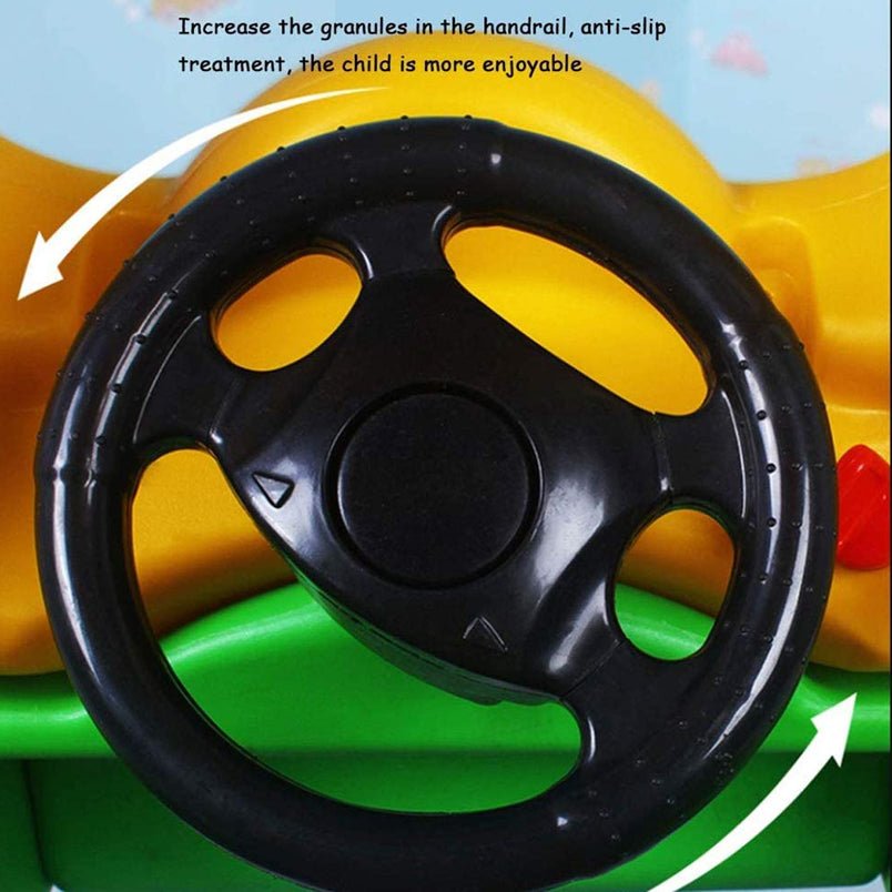 Close-up of black steering wheel on Huitich four wheeled infant walker toy with anti-slip handrail Close-up of black steering wheel on Huitich four wheeled infant walker toy with anti-slip handrail