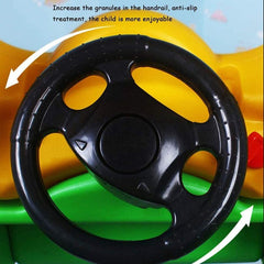 Close-up of black steering wheel on Huitich four wheeled infant walker toy with anti-slip handrail Close-up of black steering wheel on Huitich four wheeled infant walker toy with anti-slip handrail
