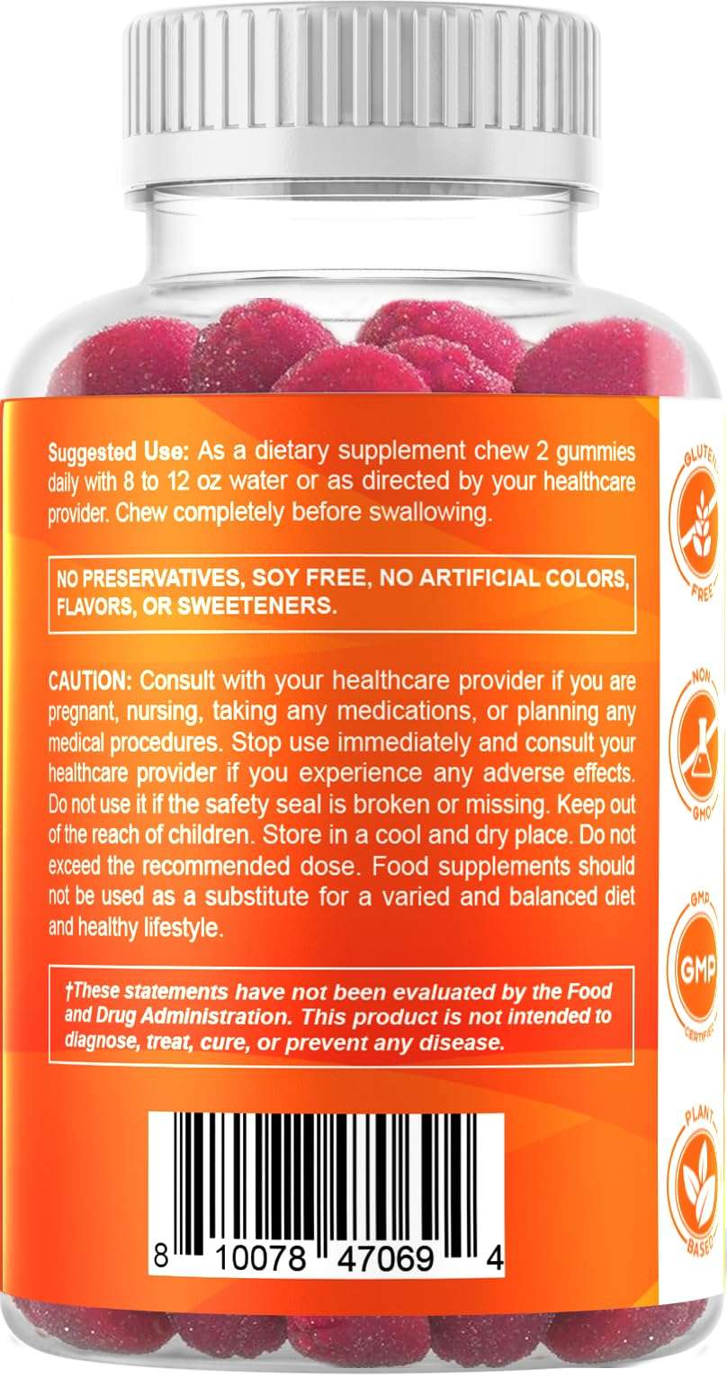 Vitamatic clear bottle of pink raspberry magnesium gummies 600mg with white cap and supplement label Vitamatic clear bottle of pink raspberry magnesium gummies 600mg with white cap and supplement label