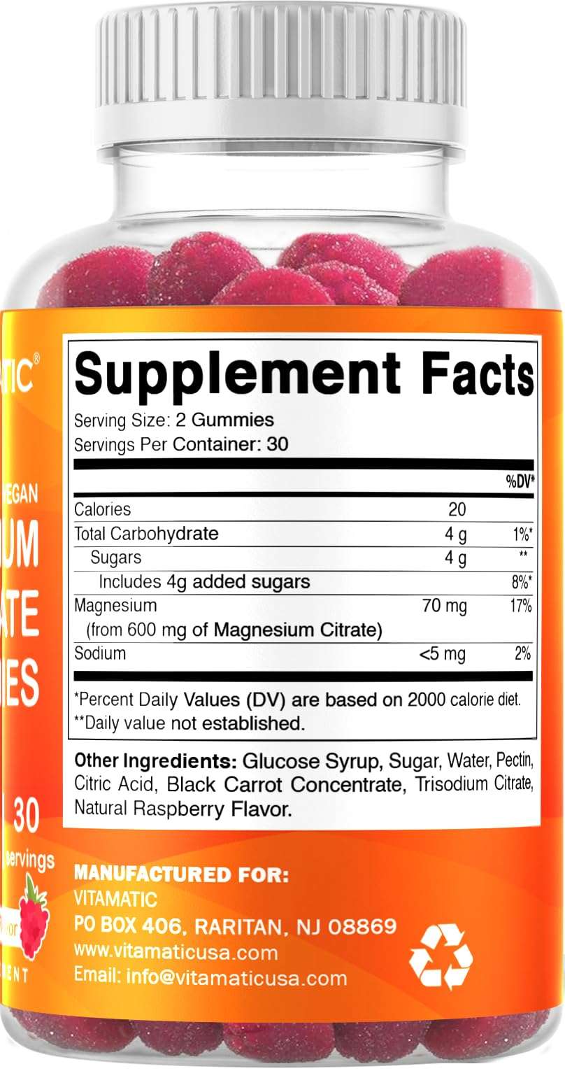 Vitamatic bottle of natural raspberry magnesium gummies 600mg label showing Supplement Facts and 30 servings Vitamatic bottle of natural raspberry magnesium gummies 600mg label showing Supplement Facts and 30 servings