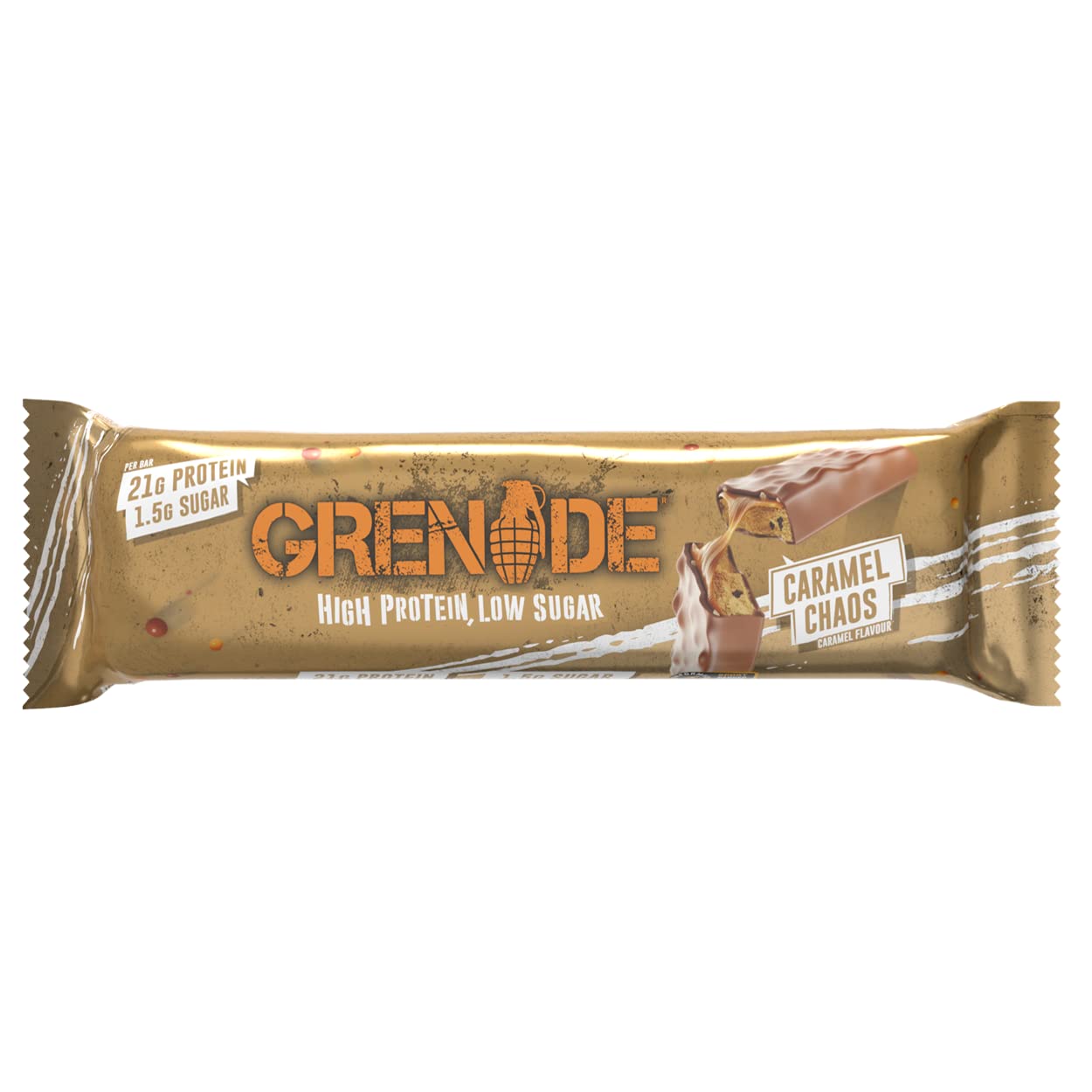 Grenade Carb Killa protein bar Caramel Chaos chocolate coated bar in gold wrapper displaying 21g protein low sugar Grenade Carb Killa protein bar Caramel Chaos chocolate coated bar in gold wrapper displaying 21g protein low sugar