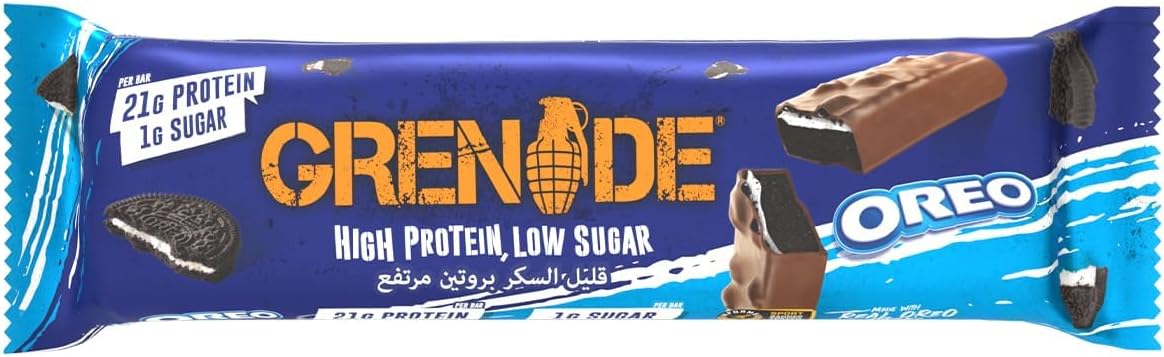 Grenade Oreo protein bars blue wrapper showing chocolate covered bar with Oreo pieces 21g protein 1g sugar Grenade Oreo protein bars blue wrapper showing chocolate covered bar with Oreo pieces 21g protein 1g sugar