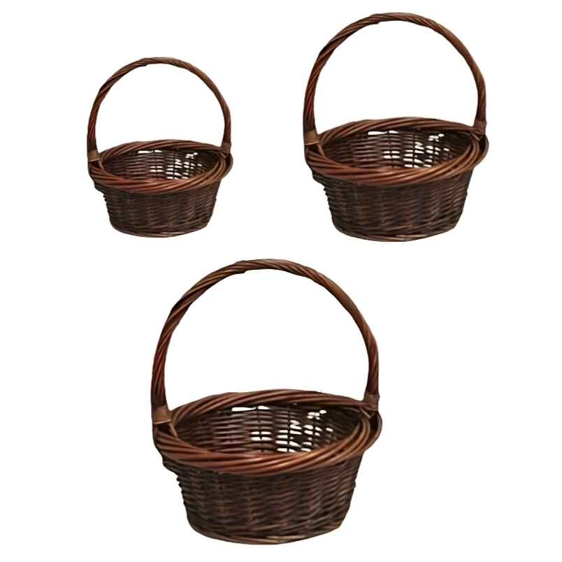 Huitich set of three brown woven vegetable and fruit storage baskets with handles Huitich set of three brown woven vegetable and fruit storage baskets with handles