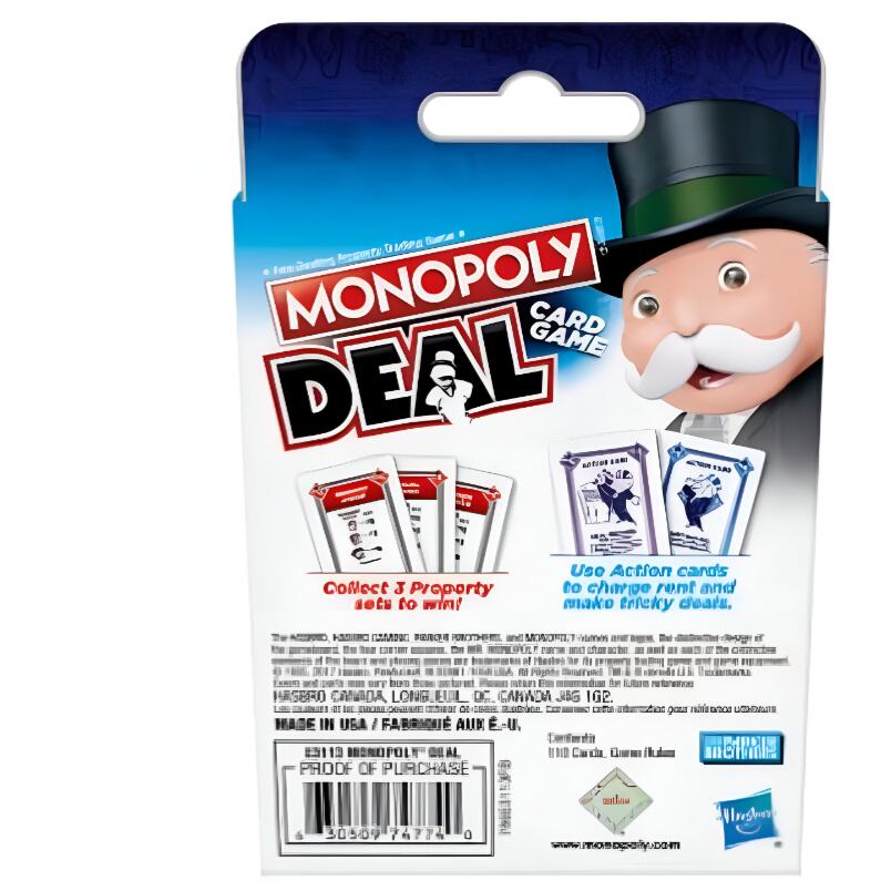 Huitich Monopoly Deal card game trading cards packaging featuring Monopoly mascot and game instructions Huitich Monopoly Deal card game trading cards packaging featuring Monopoly mascot and game instructions