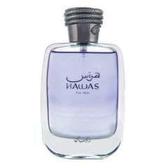 RASASI Hawas perfume for men clear bottle with purple liquid and decorative silver cap RASASI Hawas perfume for men clear bottle with purple liquid and decorative silver cap