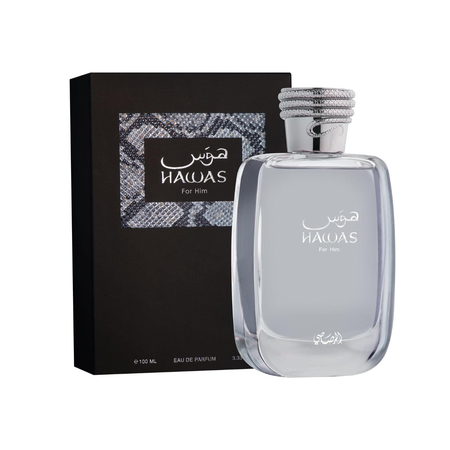RASASI Hawas perfume for men bottle with silver cap and black packaging box RASASI Hawas perfume for men bottle with silver cap and black packaging box