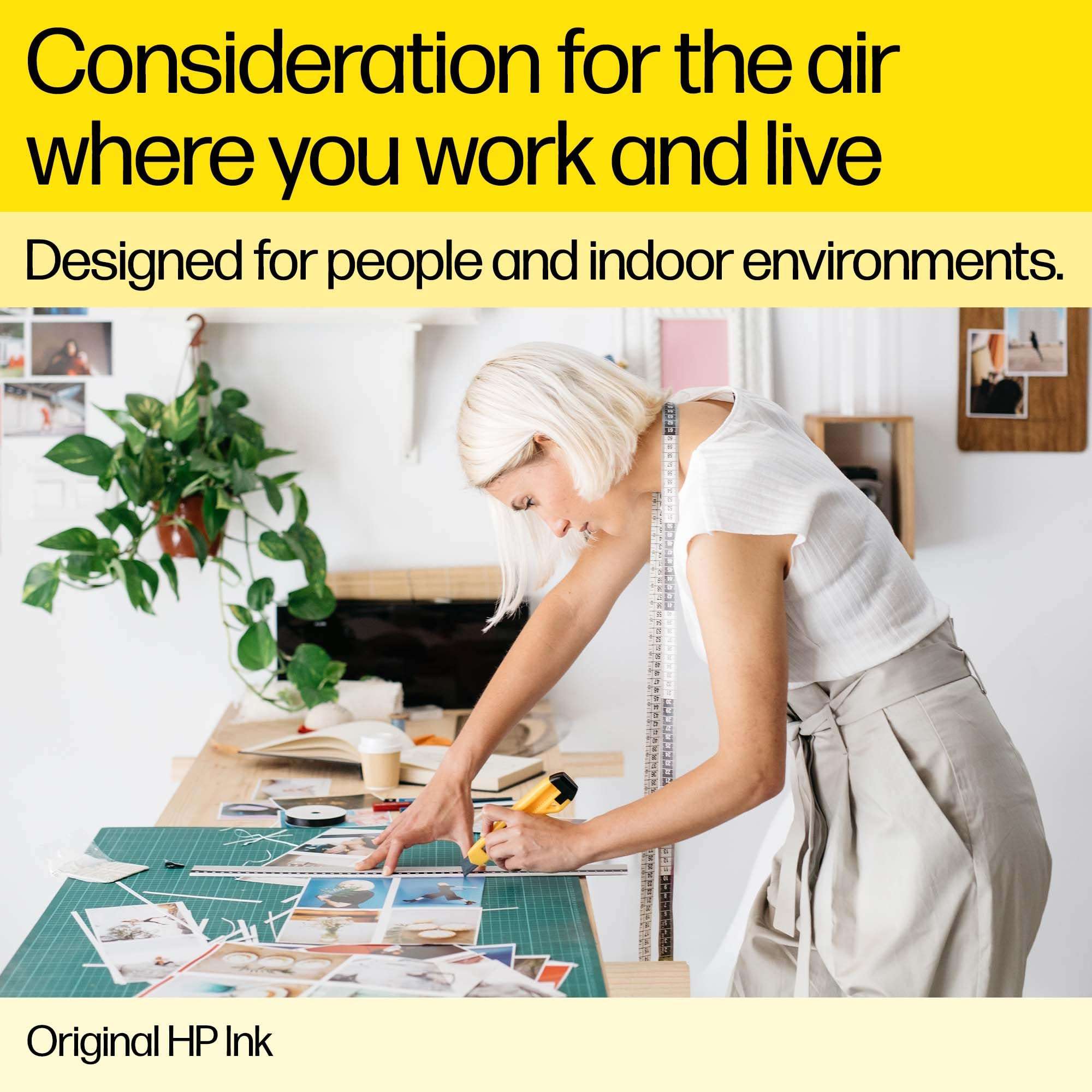 Original HP ink for DeskJet printers shown with a woman working at a craft table indoors Original HP ink for DeskJet printers shown with a woman working at a craft table indoors