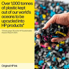 Original HP ink for DeskJet printers highlighting upcycled plastic from oceans used in HP products Original HP ink for DeskJet printers highlighting upcycled plastic from oceans used in HP products