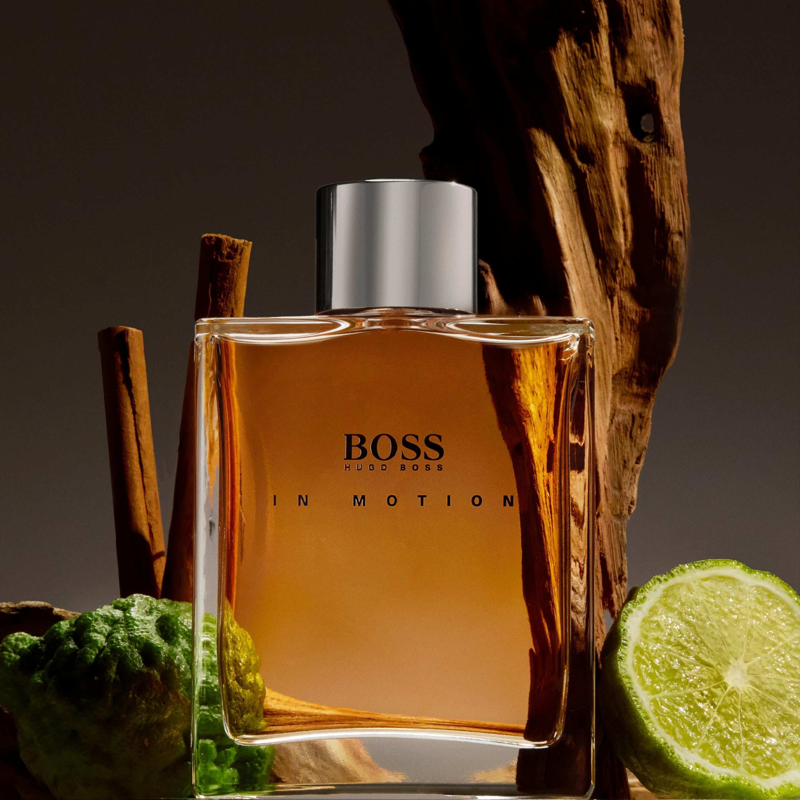 Hugo Boss In Motion for men fragrance bottle with cinnamon sticks and citrus fruits around Hugo Boss In Motion for men fragrance bottle with cinnamon sticks and citrus fruits around