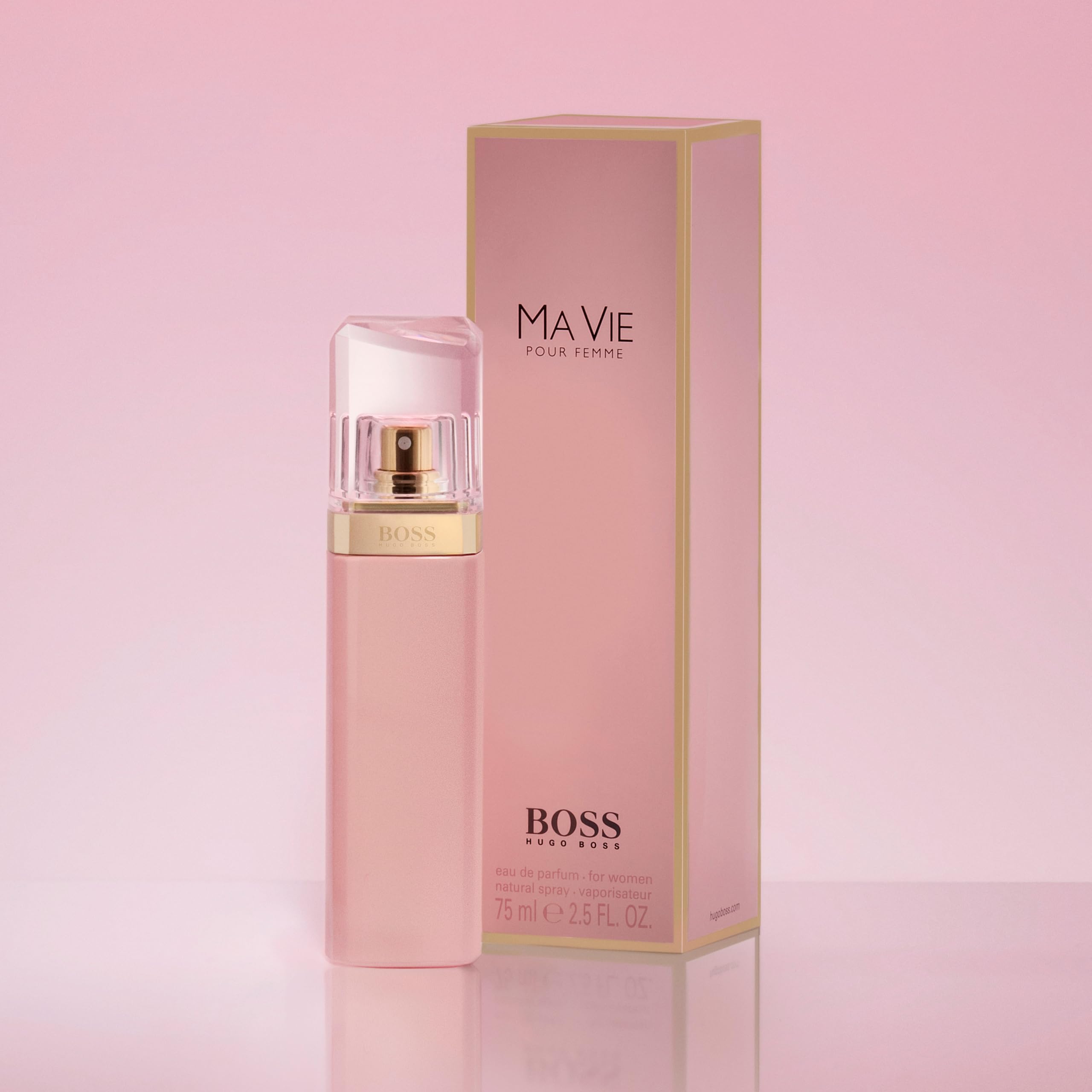 Hugo Boss Ma Vie for women perfume in a pink bottle with matching box by Mumzar Hugo Boss Ma Vie for women perfume in a pink bottle with matching box by Mumzar