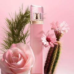 Hugo Boss Ma Vie for women perfume bottle with pink rose and flowering cactus on pink background Hugo Boss Ma Vie for women perfume bottle with pink rose and flowering cactus on pink background