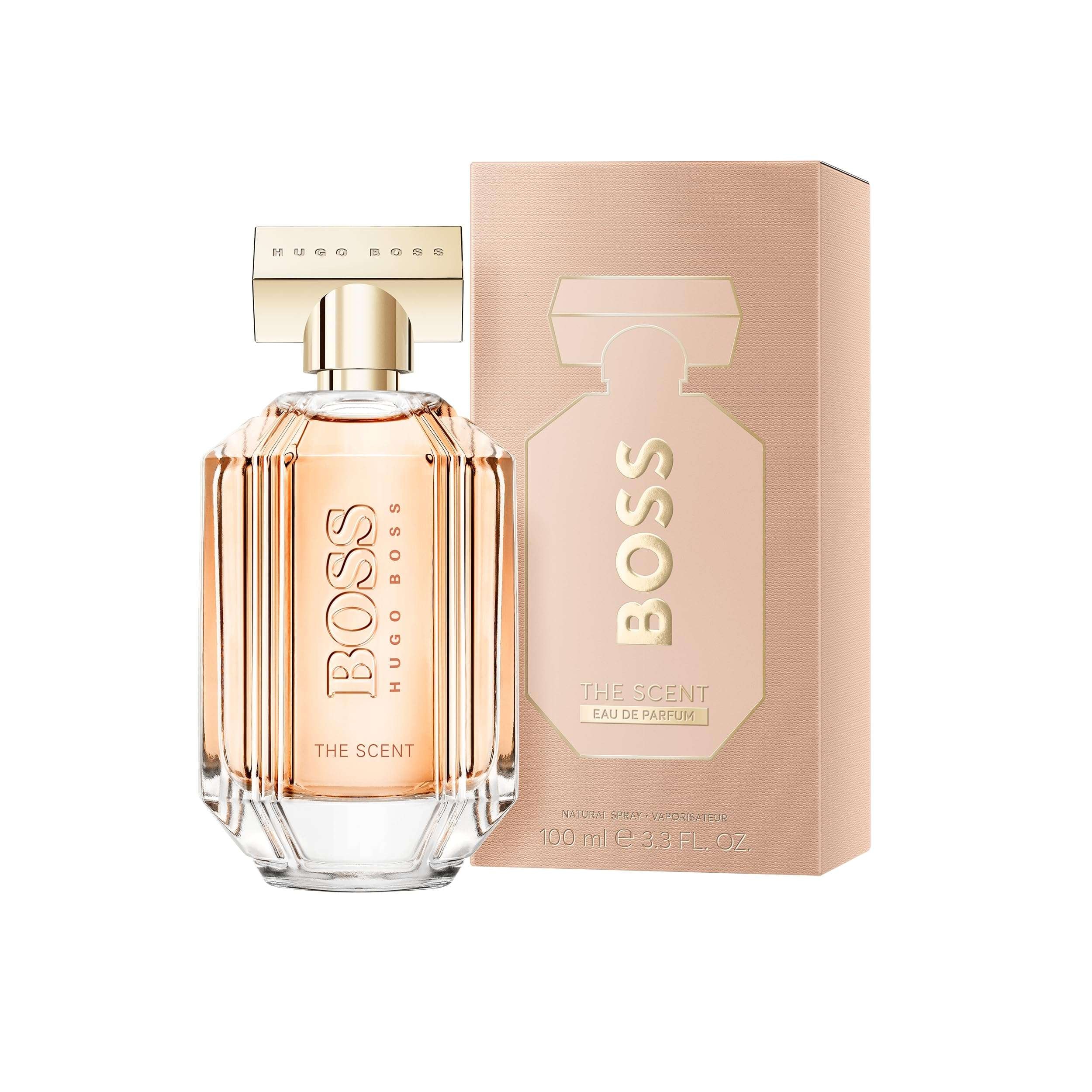 Hugo Boss The Scent for women Eau de Parfum 100ml with elegant transparent bottle and beige packaging Hugo Boss The Scent for women Eau de Parfum 100ml with elegant transparent bottle and beige packaging