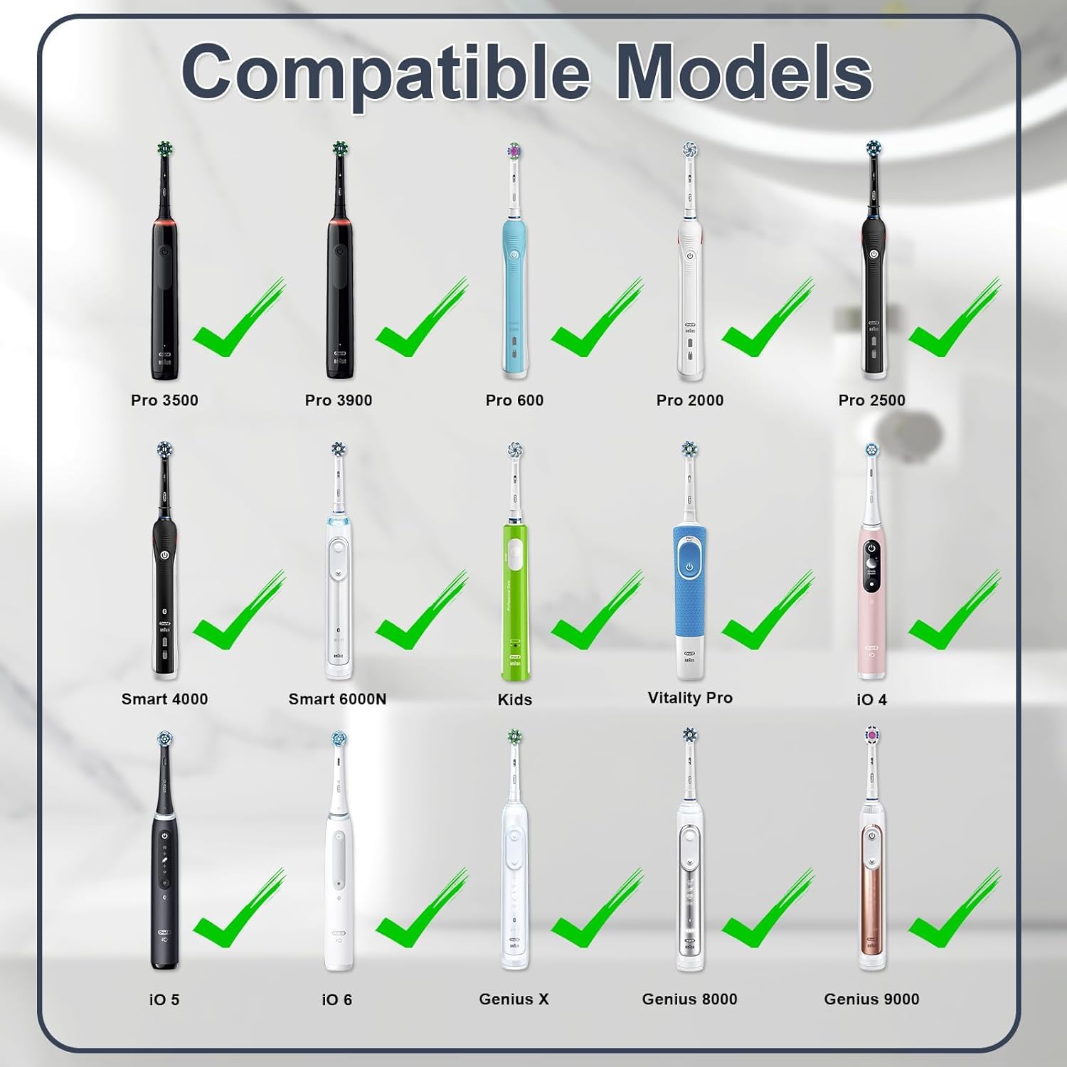 Oral B Pro 3 electric toothbrush charger compatibility chart showing multiple compatible Oral B models with check marks Oral B Pro 3 electric toothbrush charger compatibility chart showing multiple compatible Oral B models with check marks