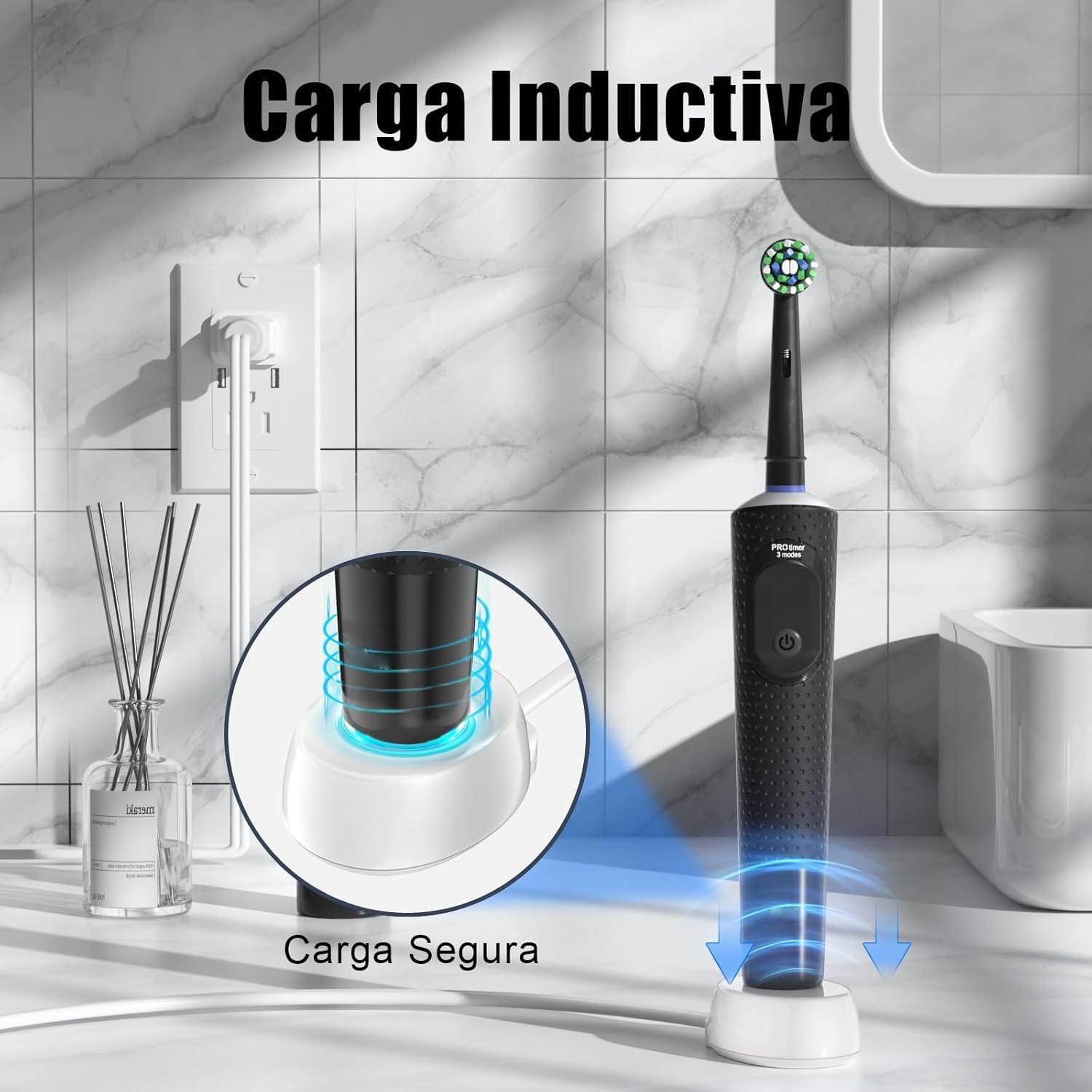 Black electric toothbrush on white inductive base in marble bathroom showing Oral B Pro 3 electric toothbrush charger Black electric toothbrush on white inductive base in marble bathroom showing Oral B Pro 3 electric toothbrush charger