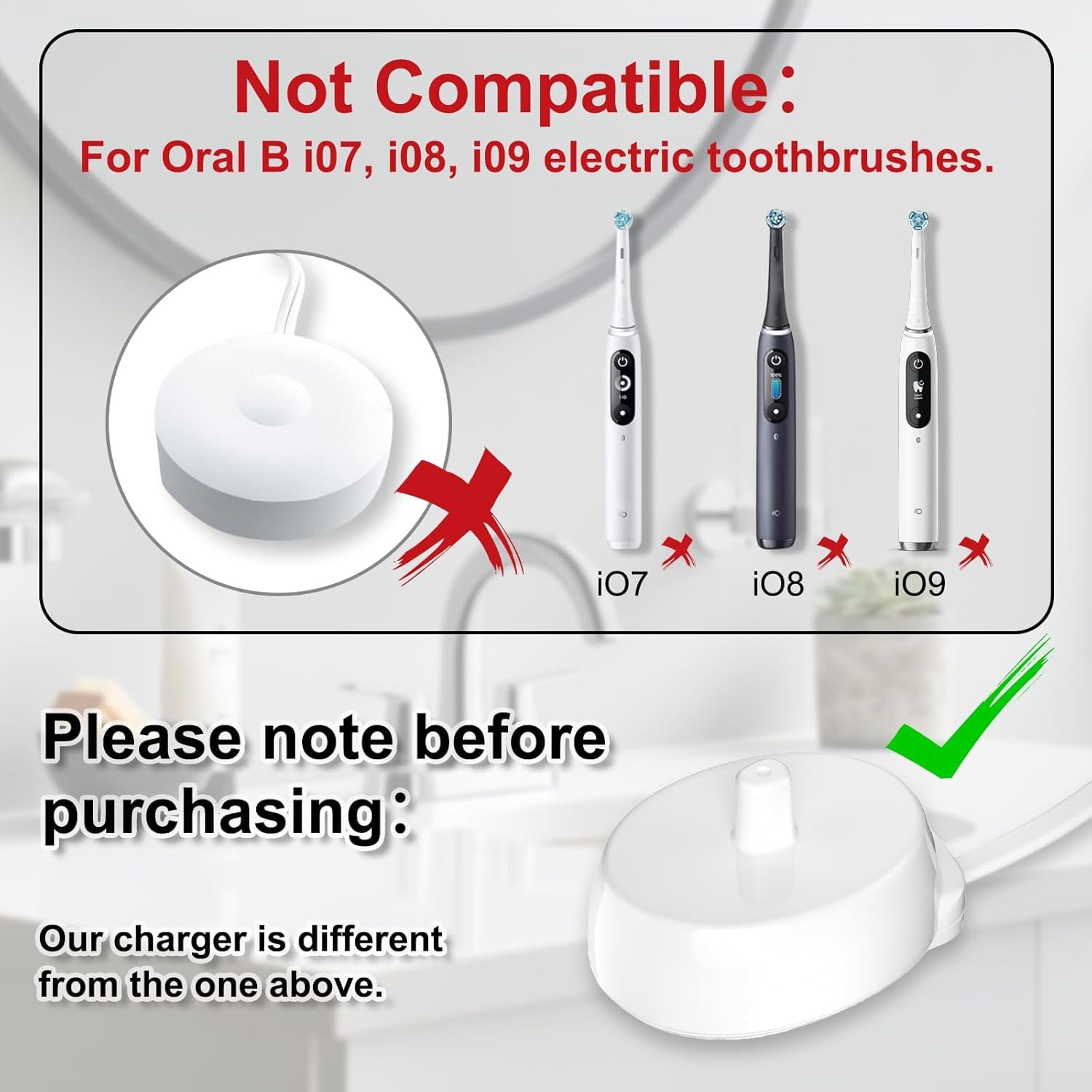 Oral B Pro 3 electric toothbrush charger compatibility warning image showing incompatible i07 i08 i09 models and correct charger Oral B Pro 3 electric toothbrush charger compatibility warning image showing incompatible i07 i08 i09 models and correct charger