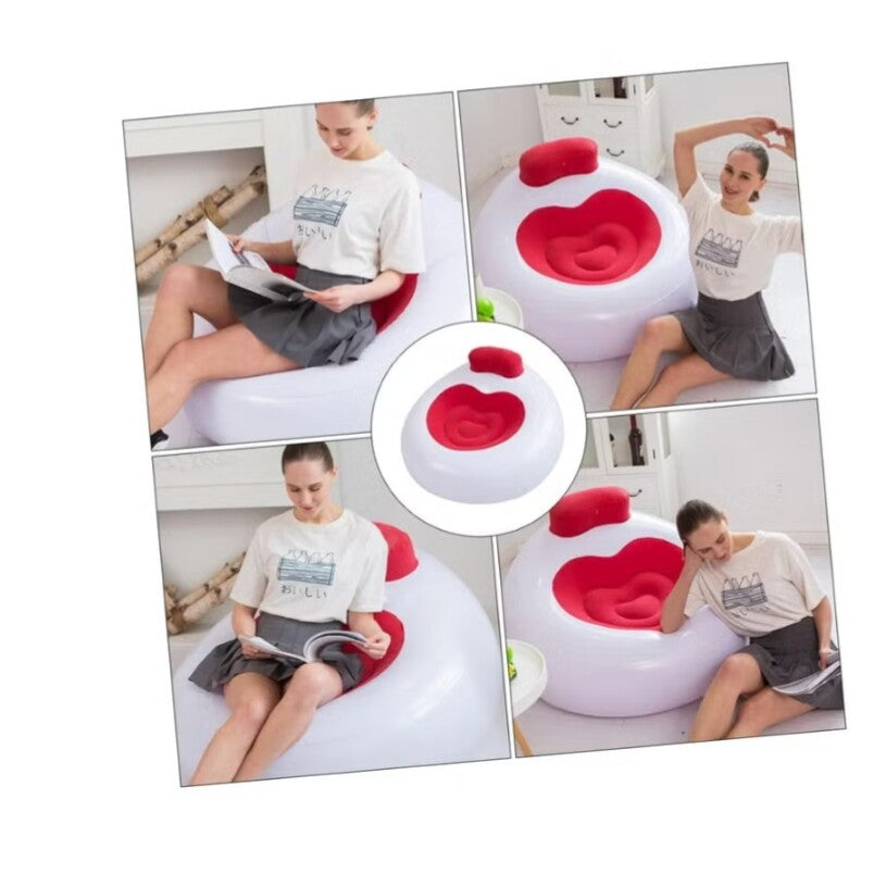 Huitich inflatable lounge chair with backrest in white and red shown being used for reading and relaxing Huitich inflatable lounge chair with backrest in white and red shown being used for reading and relaxing