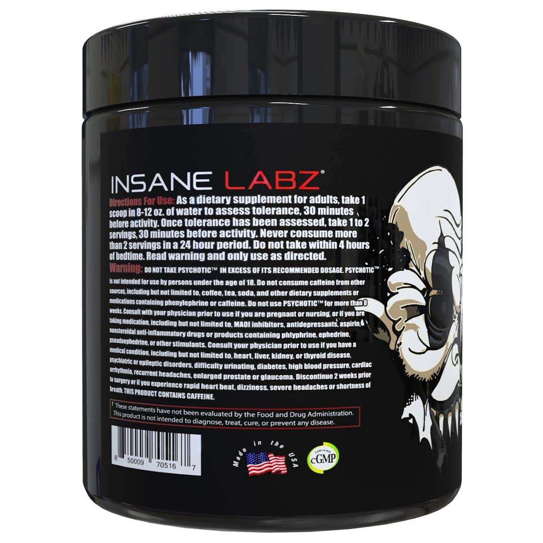 Insane Labz black jar psychotic pre workout powder UAE with skull logo and supplement label Insane Labz black jar psychotic pre workout powder UAE with skull logo and supplement label