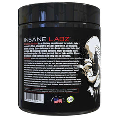 Insane Labz black jar psychotic pre workout powder UAE with skull logo and supplement label Insane Labz black jar psychotic pre workout powder UAE with skull logo and supplement label