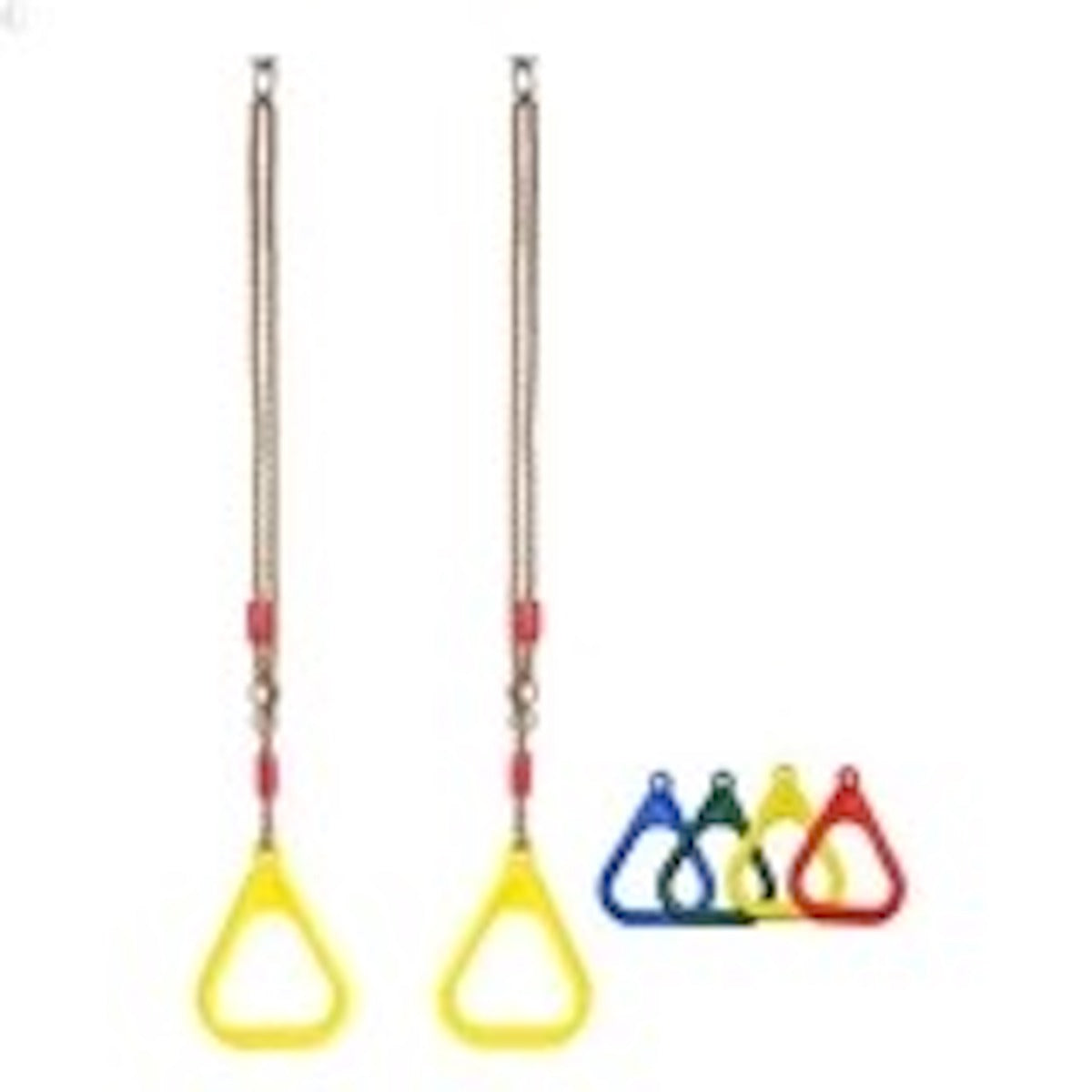 Durable kid trapeze swing with rings in bright colors for outdoor play and fun Durable kid trapeze swing with rings in bright colors for outdoor play and fun