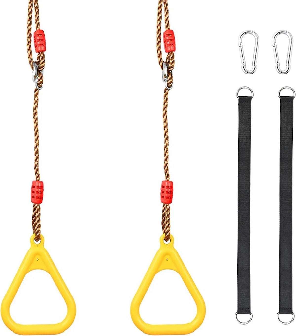 Huitich kid trapeze swing with rings set, featuring durable yellow swings and sturdy hanging straps. Huitich kid trapeze swing with rings set, featuring durable yellow swings and sturdy hanging straps.