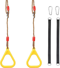 Huitich kid trapeze swing with rings set, featuring durable yellow swings and sturdy hanging straps. Huitich kid trapeze swing with rings set, featuring durable yellow swings and sturdy hanging straps.