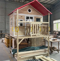 Huitich kids playhouse with slide and porch featuring wooden design and safety railings Huitich kids playhouse with slide and porch featuring wooden design and safety railings
