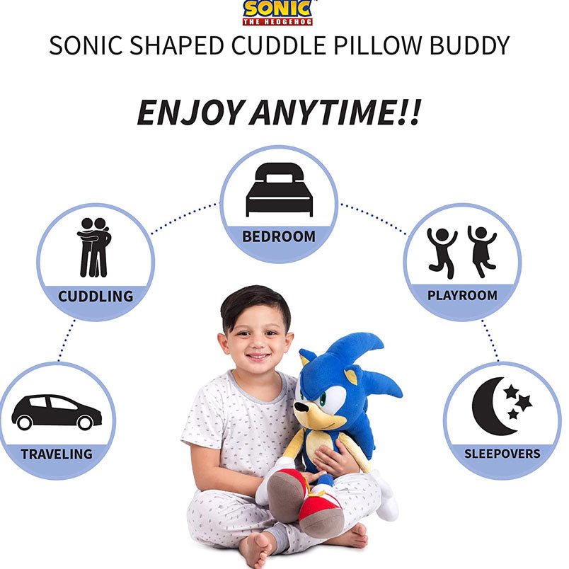Boy holding kids sonic plush pillow toy Sonic shaped cuddle pillow buddy for bedroom playroom and travel Boy holding kids sonic plush pillow toy Sonic shaped cuddle pillow buddy for bedroom playroom and travel