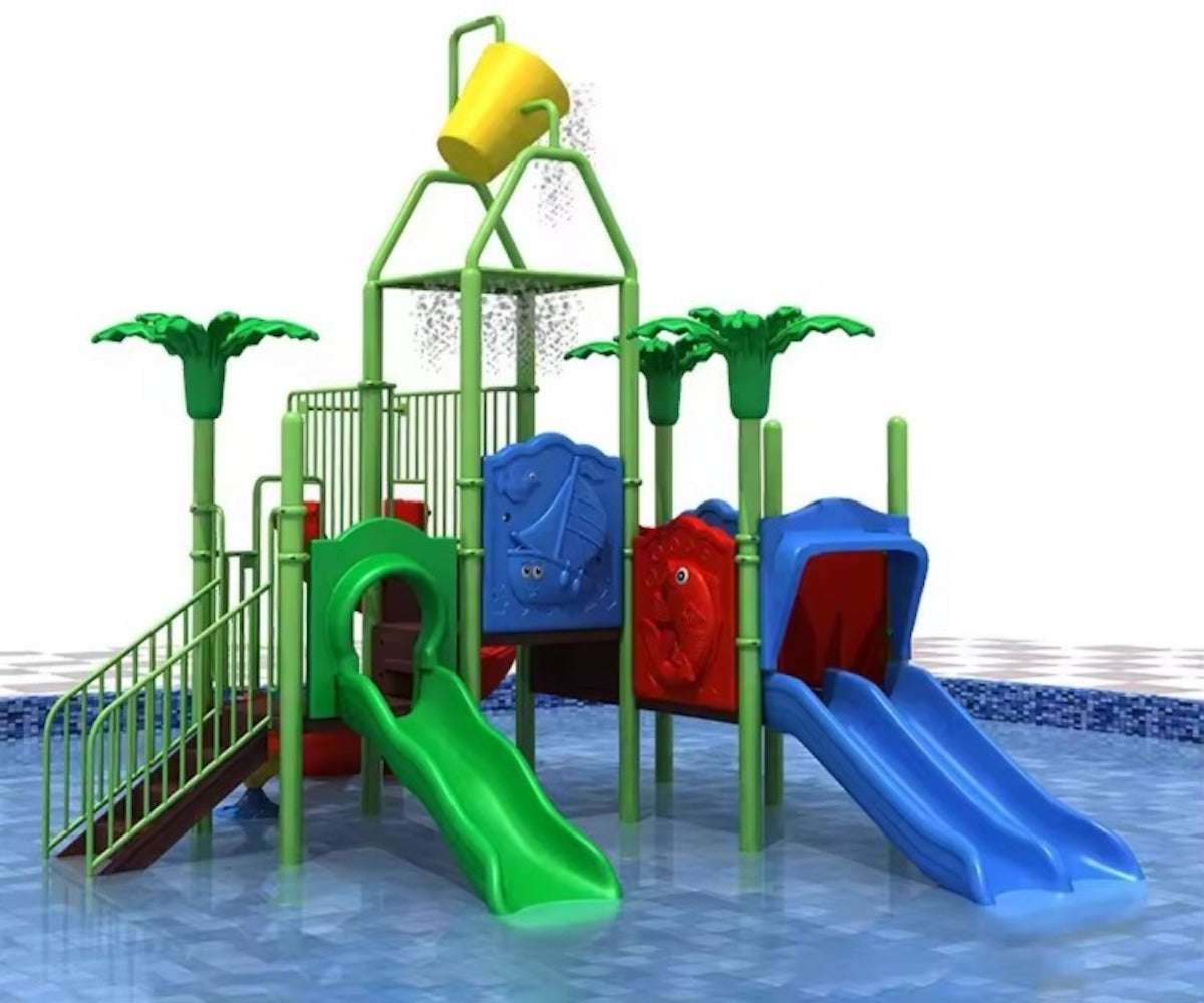 Vibrant kids water playground with slides and splash features for outdoor fun Vibrant kids water playground with slides and splash features for outdoor fun