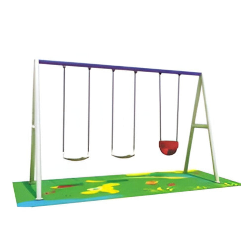 Huitich 3 seat outdoor swing for kids with metal frame and colorful safety seat on playground mat Huitich 3 seat outdoor swing for kids with metal frame and colorful safety seat on playground mat