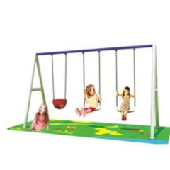 Huitich 3 seat outdoor swing for kids with two children swinging and one child sitting nearby on green play mat Huitich 3 seat outdoor swing for kids with two children swinging and one child sitting nearby on green play mat