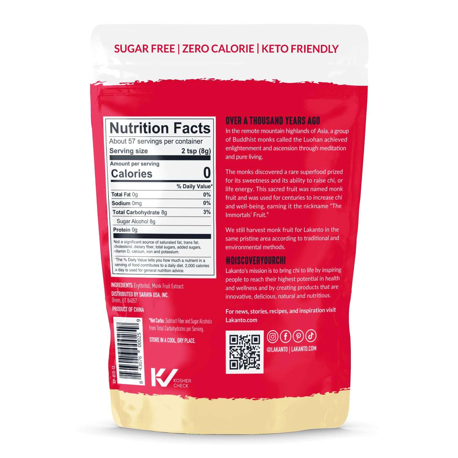 Back of Lakanto product pouch showing Nutrition Facts and ingredient info for Lakanto sugar replacement Back of Lakanto product pouch showing Nutrition Facts and ingredient info for Lakanto sugar replacement