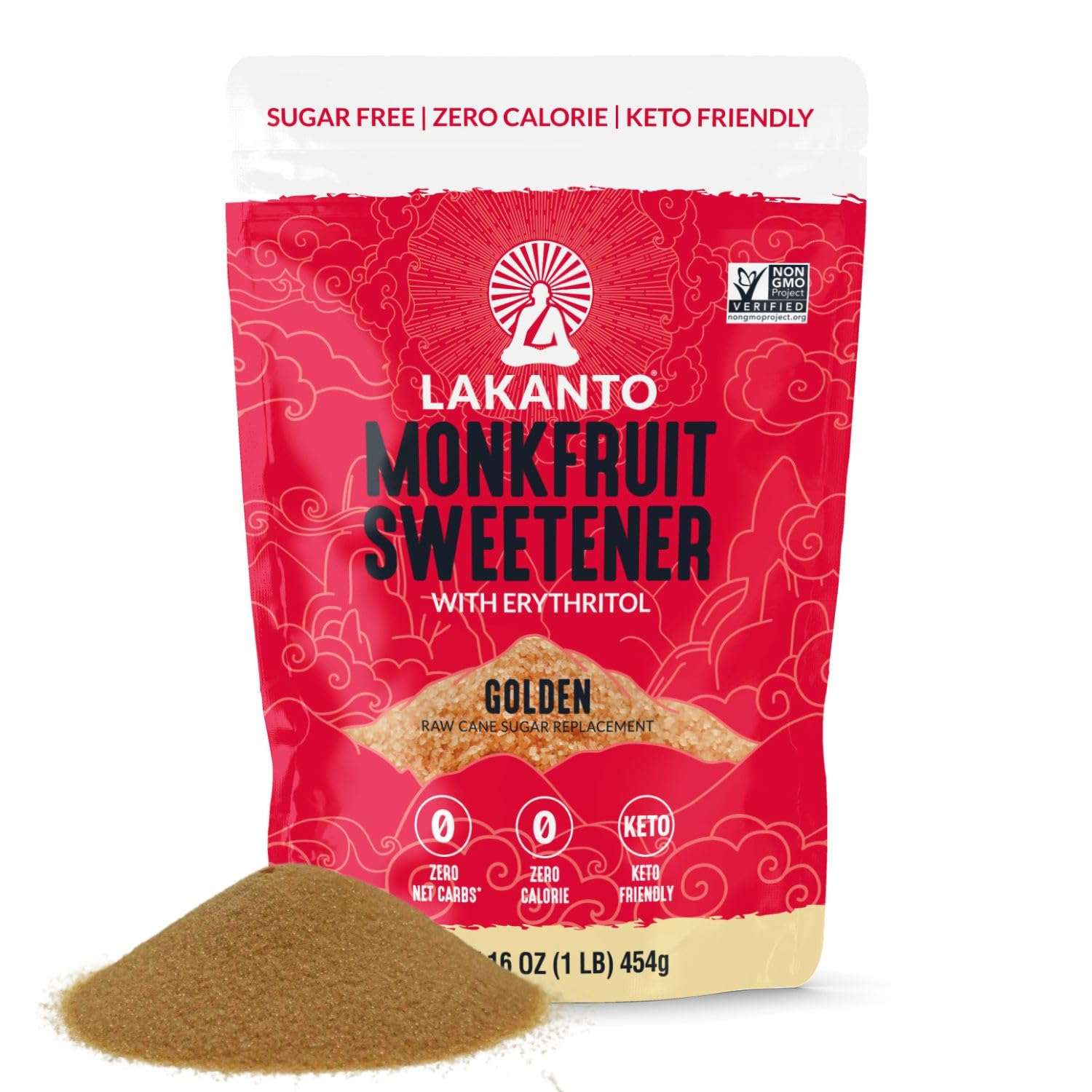 Lakanto sugar replacement Golden Monkfruit Sweetener pouch 16 oz with pile of brown granules Lakanto sugar replacement Golden Monkfruit Sweetener pouch 16 oz with pile of brown granules